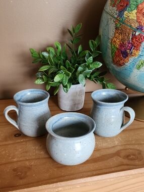 Handcrafted Light Blue Ceramic Mugs and Sugar Bowl - Set of 3